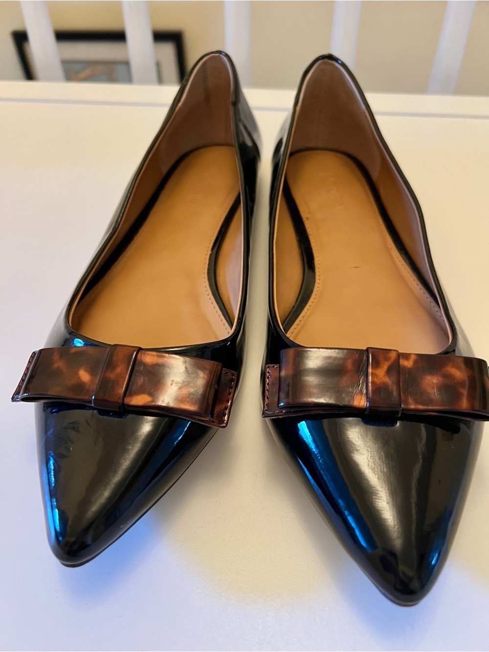 J.Crew Black Patent Leather Pointed Toe Flats Tortoise Bow, Size 10